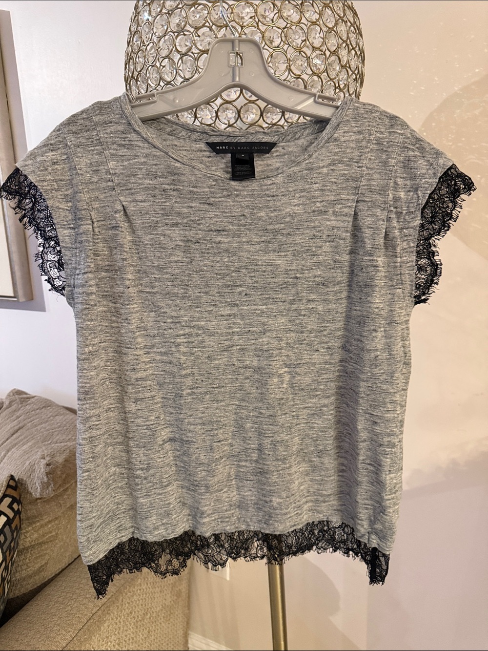 Marc By Marc Jacobs Heather Gray Knit Top with Black Lace Trim size S